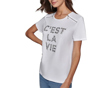 KARL LAGERFELD PARIS Women's Embellished Graphic T-Shirt White Size M MSRP $69