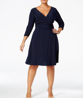 NY COLLECTION Womens Navy Blue Ruched 3/4 Sleeve V Neck Dress Plus Size 3X $70