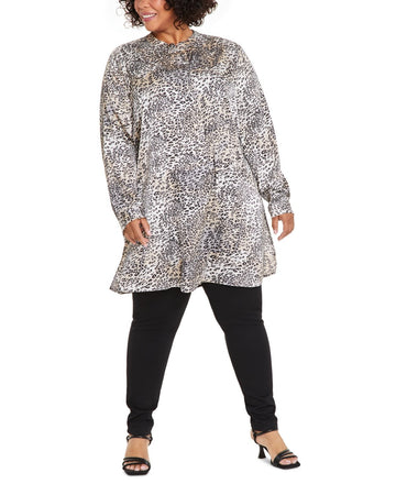 Anne Klein Plus Size 0X Animal-Print Split-Neck Tunic Beige Black MSRP $99