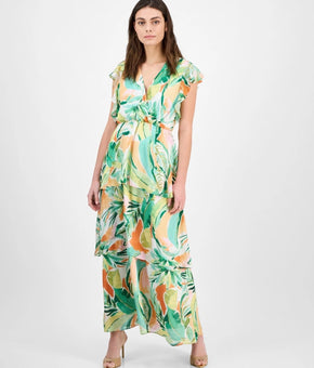 julia jordan Women's Printed Flutter-Sleeve Maxi Dress Green Size 4 MSRP $129