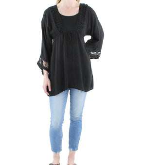 Raviya Womens Cotton Blend Lace Tunic Top Black Size S
