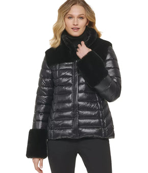 DKNY Women's Zip-Front Faux-Fur-Trimmed Puffer Jacket Black Size S MSRP $199
