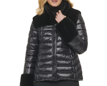 DKNY Women's Zip-Front Faux-Fur-Trimmed Puffer Jacket Black Size S MSRP $199