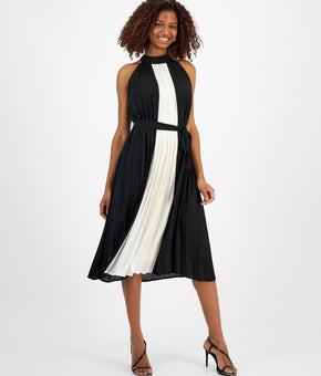 T Tahari Women's Halter-Neck Sleeveless Midi Dress BLACK WHITE Size S MSRP $138