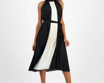 T Tahari Women's Halter-Neck Sleeveless Midi Dress BLACK WHITE Size S MSRP $138
