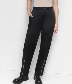 DKNY Women's Sateen Zip-Hem Straight-Leg Cargo Pants Black Size 2 MSRP $99