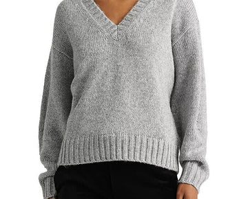 Lauren Ralph Lauren Metallic Silver V Neck Sweater Size L MSRP $125