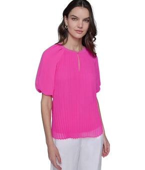 KARL LAGERFELD PARIS Women's Puff Sleeve Pleated Top Pink Size M MSRP $99
