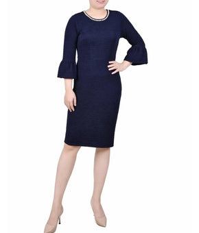NY Collection Dress Petite Size PM Navy Beaded Neck Bell Sleeve Sheath $58