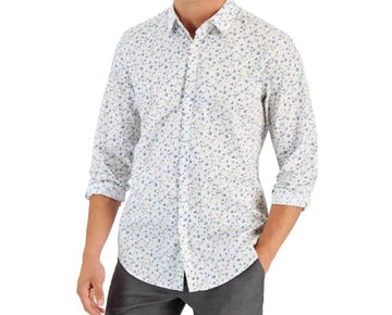 Alfani Mens Georgie Floral Cotton Button-Down Shirt White Size M