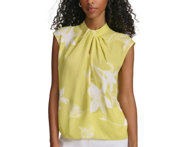 Calvin Klein Women Sleeveless Floral Keyhole-Neck Blouse Green Size XL MSRP $59