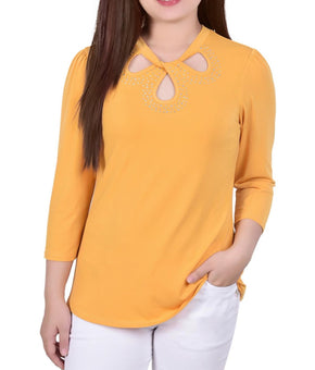NY Collection Womens Petites Embellished Blouse Yellow Size PL