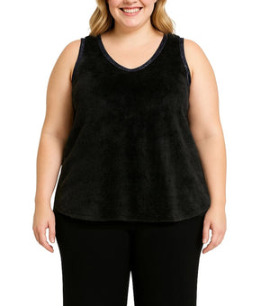 COIN 1804 Plus Size 1X Cozy Rib Sequin Trim V Neck Tank Top Black