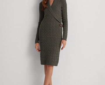 Lauren Ralph Lauren Cable-Knit Buckle-Trim Sweater Dress Gray Size XL MSRP $195