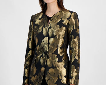Kasper Black Gold Metallic Jacquard Collarless Jacket Petite Size 12P $159