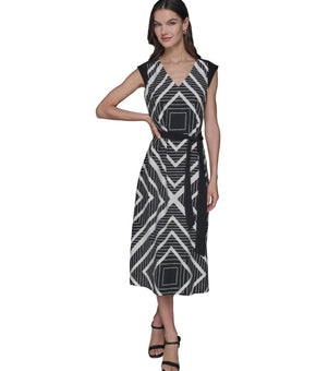 KARL LAGERFELD Geo-Print Removable Belted V-Neck Black Midi Dress Size XL $159
