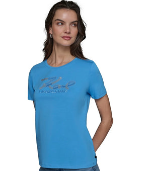 KARL LAGERFELD PARIS Women's Embellished-Logo T-Shirt Blue Size S MSRP $59