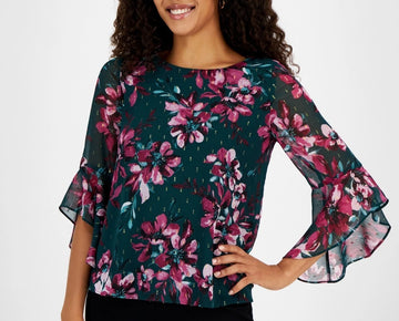 Kasper Petite Floral-Print Ruffled-Sleeve Blouse Green Size PM MSRP $69