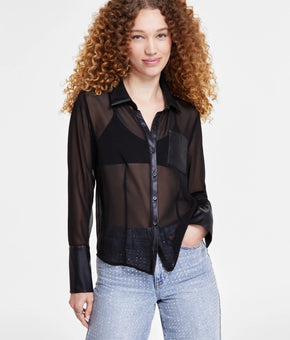 DKNY Jeans Women's Faux-Leather Trim Sheer-Mesh Shirt Black Size S MSRP $79