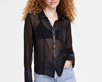 DKNY Jeans Women's Faux-Leather Trim Sheer-Mesh Shirt Black Size S MSRP $79