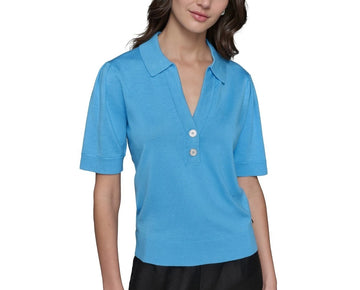KARL LAGERFELD PARIS Women's Short-Sleeve Polo Sweater Blue SIze L MSRP $79