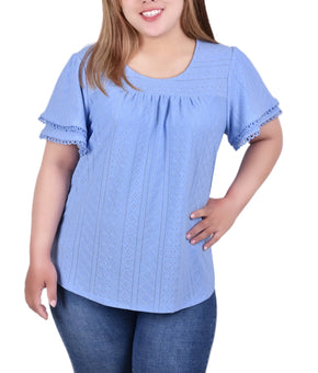 Double Flutter Sleeve Knit Eyelet Top