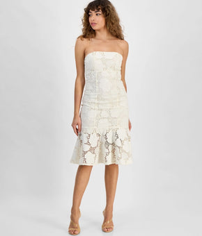 GUESS Women Maisy Lace Strapless Side zip Midi Straight Dress Ivory Size 4 $218