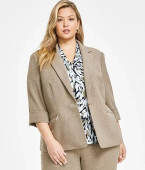 Kasper Women Zip-Pocket One-Button Blazer Cypress Grey Taupe Plus Size 18W $129