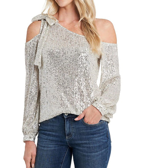 CeCe Women Sequined One Shoulder Blouse Champagne Size XL White Silver MSRP $89