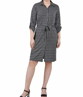NY Collection Womens Petites Printed Above Knee Shirtdress Size L Petite Black
