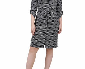 NY Collection Womens Petites Printed Above Knee Shirtdress Size L Petite Black