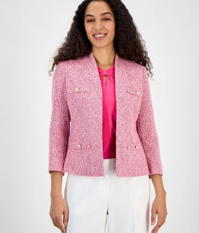 Kasper Women Tweed 3/4-sleeves Collarless Lined Jacket Pink Petite Size 8P $139
