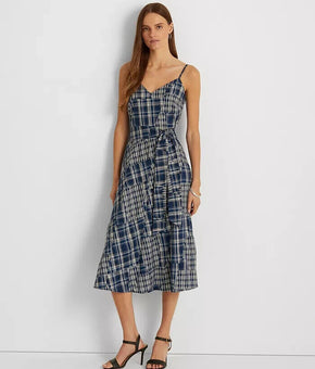 LAUREN RALPH LAUREN Patchwork Cotton Sleeveless Dress Blue Size 14 MSRP $265