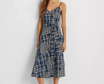 LAUREN RALPH LAUREN Patchwork Cotton Sleeveless Dress Blue Size 14 MSRP $265