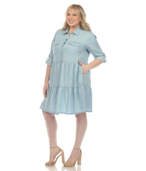White Mark Plus Size 3X Long Sleeve Tiered Midi Shirt Dress Denim Blue MSRP $79