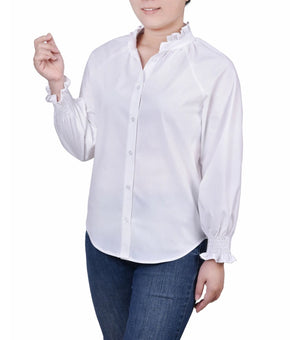 NY Collection Petite Cinch Sleeve Button Front Blouse White Size PM