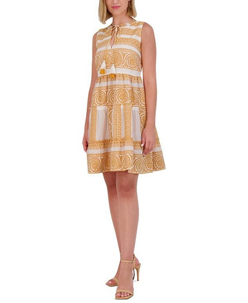 Vince Camuto Cotton Mosaic Tassel-Tie Dress Size 4 YELLOW $148