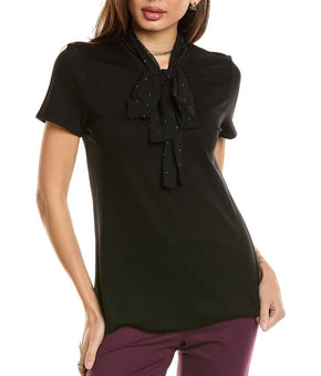 Anne Klein womens Bow Top, Black Short Sleeves Size S MSRP $79