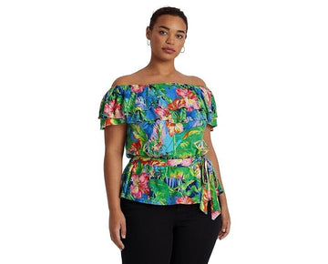 LAUREN Ralph Lauren Floral Jersey Off-the-Shoulder Top Green Plus Size 2X $125