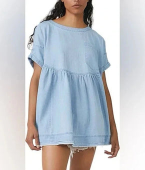 Free People Moon City Frayed-Hem Top Lollipop Blue Size M MSRP $ 88