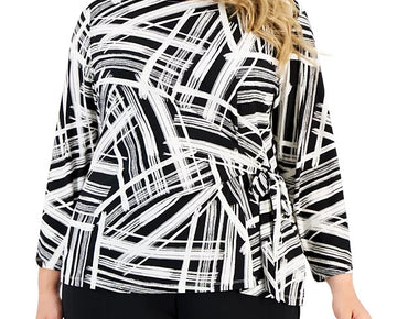 Kasper Plus Size 1X Abstract-Print 3/4 Sleeve Side-Tie Top Black White MSRP $79