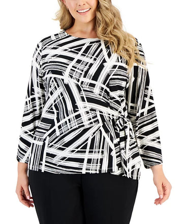 Kasper Plus Size 1X Abstract-Print 3/4 Sleeve Side-Tie Top Black White MSRP $79