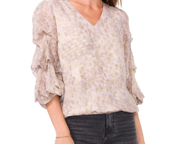 Vince Camuto Women's Printed V-Neck Lantern-Sleeve Top Soft Ash Gray Size XS $89