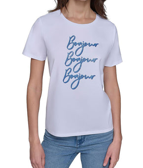 Karl Lagerfeld Paris Women's Bonjour Embellished White T-Shirt Top Size M
