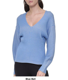 DKNY Women's V-Neck Long-Sleeve Rib-Knit Sweater Blue Size L MSRP $89