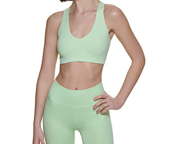 Calvin Klein Thin Rib V-Neck Sports Bra w/ Removable Cups, Key Lime, Medium