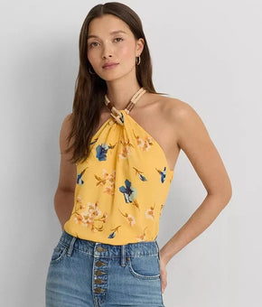Lauren Ralph Lauren Floral Crinkle Georgette Halter Top Yellow Size XL MSRP $125
