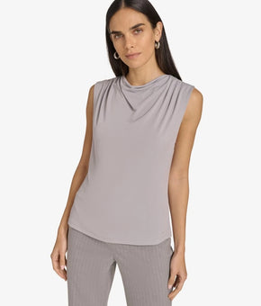 Calvin Klein Blouse Womens Petite Size PM Gray Cowl Neck Sleeveless Stretch
