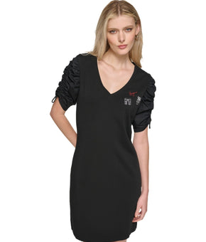 KARL LAGERFELD PARIS BLACK Ruched-Sleeve T-Shirt Dress SIZE XL $99