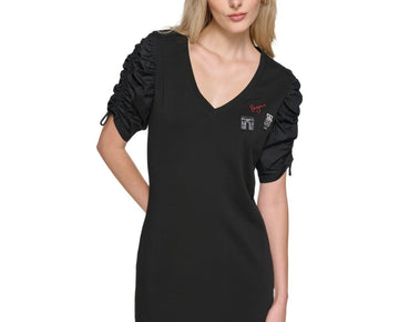 KARL LAGERFELD PARIS BLACK Ruched-Sleeve T-Shirt Dress SIZE XL $99
